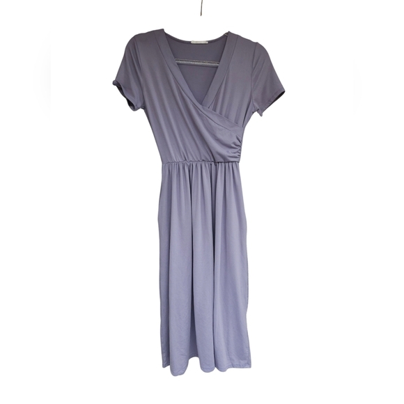 Reborn J Dresses & Skirts - Woman's Lavender Purple shoes sleeve faux wrap midi vneck dress with pockets